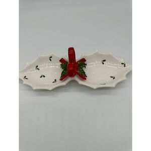 Otagiri White Hostess Double Dish w Handle Holly Berries Vintage AS IS